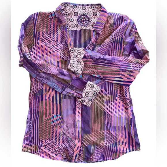 ROBERT GRAHAM Abstract Striped Button Up Shirt Women’s Size Large Purple Pink - Picture 3 of 13